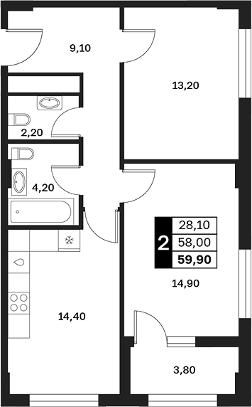 2-комн., 58 м², 11/15 этаж, ЖК «Аксис Патриот»