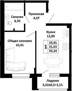 1-комн., 31.63 м², 1/4 этаж, ЖК «Южные Соседи»
