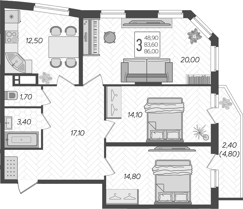 3-комн., 83.6 м², 12/16 этаж, ЖК «Зеленодар»