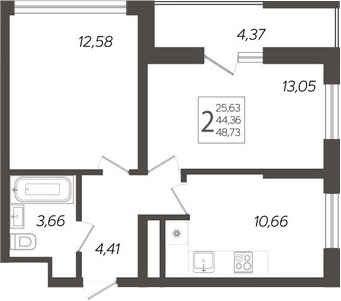2-комн., 44.36 м², 9/19 этаж, ЖК «Кислород»