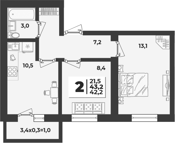 2-комн., 42.2 м², 4/5 этаж, ЖК «Дарград»