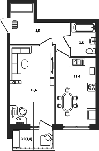 1-комн., 39.3 м², 2/9 этаж, ЖК «Сиреневый бульвар»