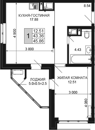 2-комн., 43.36 м², 14/16 этаж, ЖК «Сегодня»