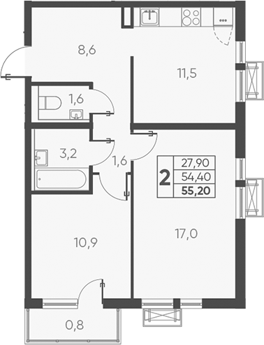2-комн., 54.4 м², 11/24 этаж, ЖК «Барса»