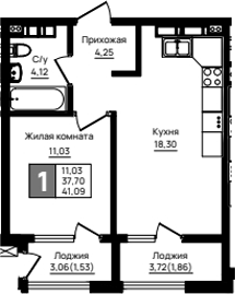 1-комн., 37.7 м², 12/18 этаж, ЖК «Резиденция морей»