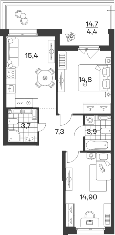 3-комн., 60 м², 7/12 этаж, ЖК «Символ. ГК Трест»