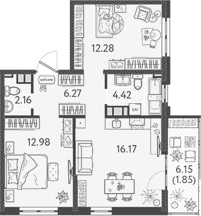 3-комн., 53.5 м², 2/9 этаж, ЖК «Друзья»