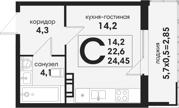Студия, 22.6 м², 3/4 этаж, ЖК «Новая Елизаветка»