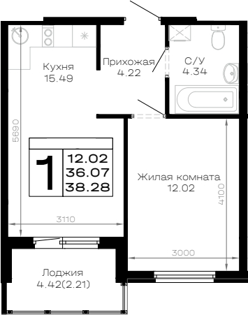 Продается 1-комн. квартира, 36.07 м²