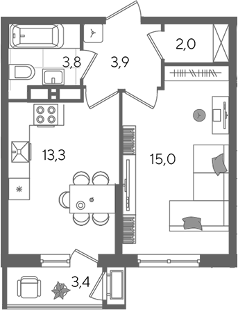 1-комн., 38 м², 13/24 этаж, ЖК «Рекорд»