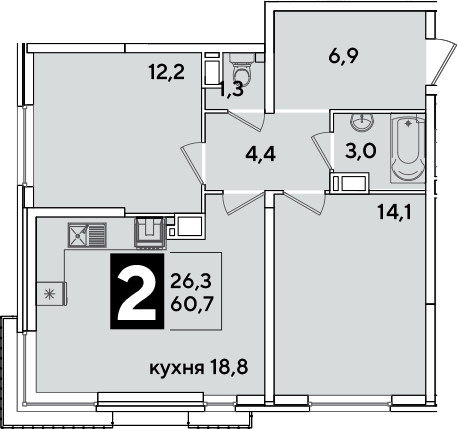 3-комн., 60.7 м², 13/16 этаж, ЖК «Самолет»