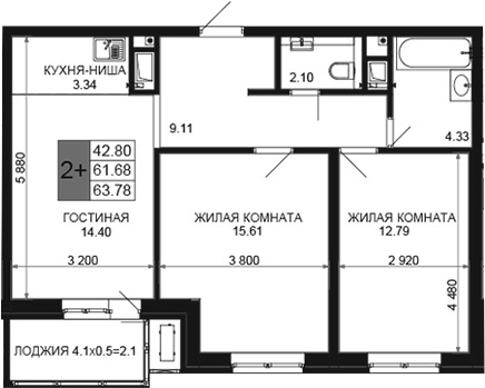 3-комн., 61.68 м², 13/16 этаж, ЖК «Сегодня»
