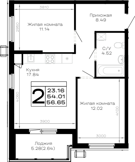 2-комн., 54.01 м², 1/4 этаж, ЖК «Усадьба Гостагаевская»