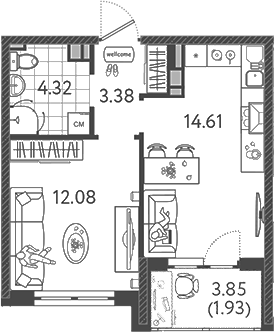 1-комн., 34.1 м², 9/9 этаж, ЖК «Друзья»