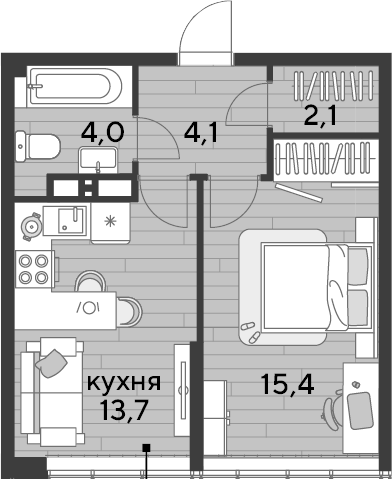 1-комн., 39.3 м², 15/16 этаж, ЖК «DОГМА ПАРК»