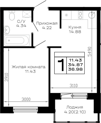 1-комн., 34.87 м², 3/4 этаж, ЖК «Усадьба Гостагаевская»