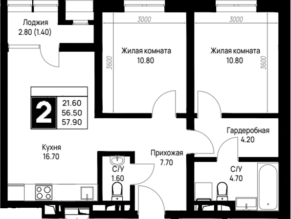 2-комн., 56.5 м², 7/12 этаж, ЖК «На высоком берегу»