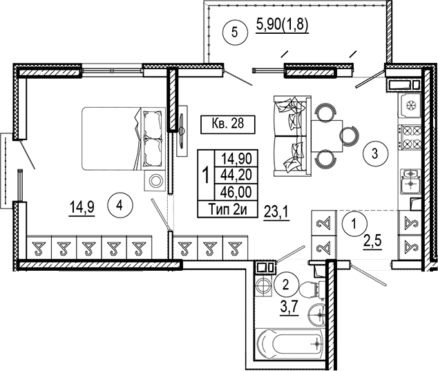 Продается 1-комн. квартира, 44.2 м²