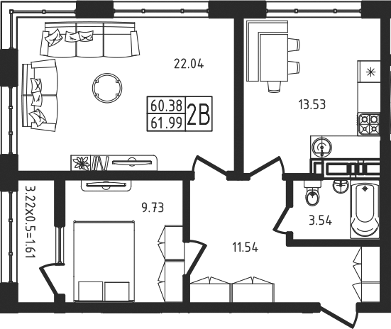 2-комн., 60.38 м², 7/9 этаж, ЖК «Яблоневый»