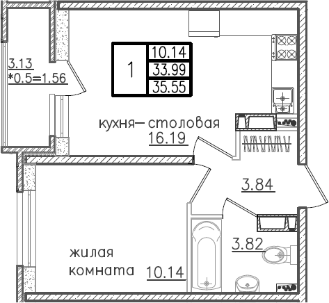 2-комн., 33.99 м², 20/23 этаж, ЖК «Урал»