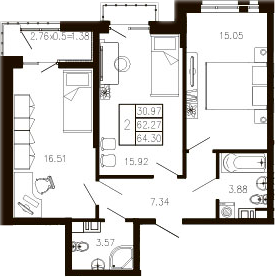 2-комн., 62.92 м², 4/9 этаж, ЖК «Суворов»