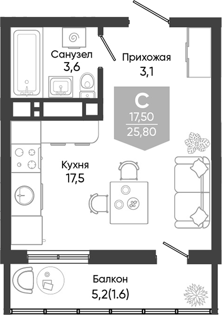 Студия, 24.2 м², 3/24 этаж, ЖК «Облака»