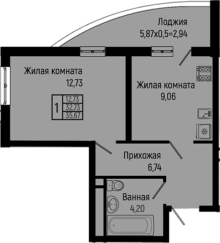 1-комн., 32.73 м², 6/16 этаж, ЖК «Sun Hills Ольгинка»