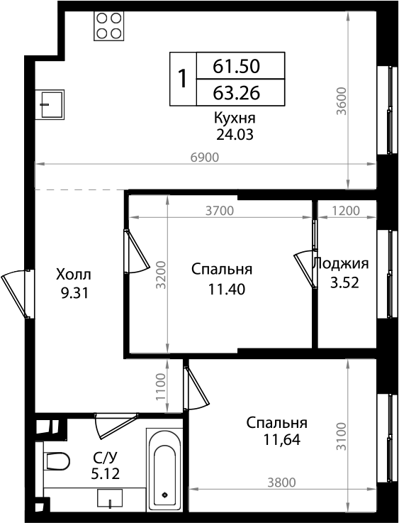 3-комн., 61.5 м², 15/18 этаж, ЖК «Патрики»
