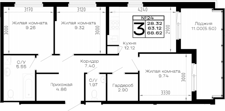 3-комн., 63.12 м², 1/4 этаж, ЖК «Усадьба Гостагаевская»