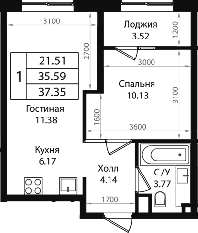 2-комн., 35.59 м², 6/9 этаж, ЖК «Патрики»