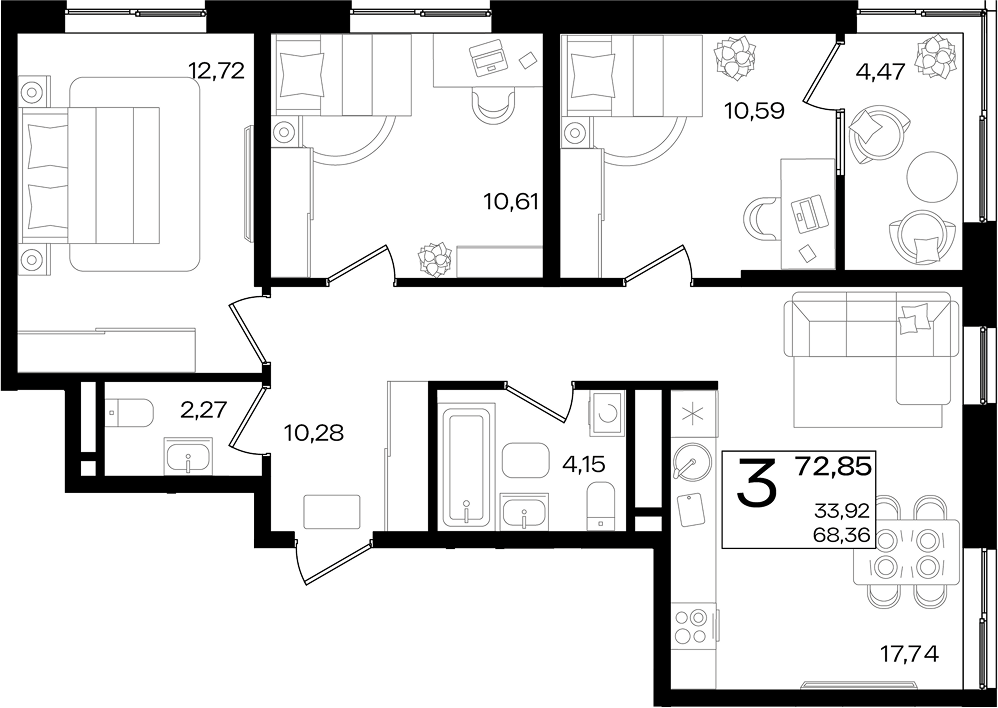 Продается 3-комн. квартира, 68.38 м²