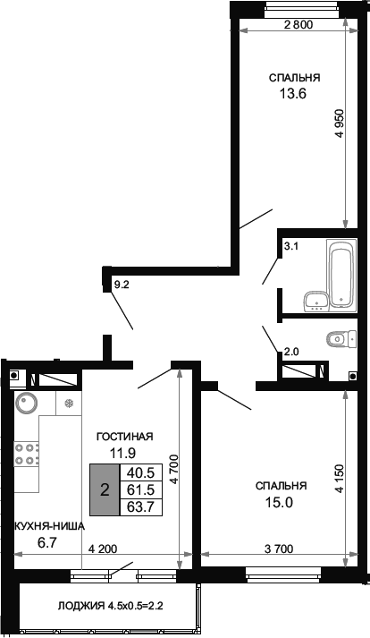 3-комн., 61.5 м², 21/24 этаж, ЖК «Свобода»