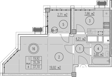 1-комн., 34.39 м², 3/9 этаж, ЖК «Agoy Park Residence by Lavicon»