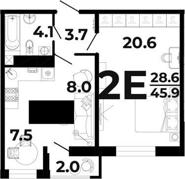2-комн., 43.9 м², 8/8 этаж, ЖК «Горячий»