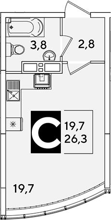 Студия, 26.3 м², 15/16 этаж, ЖК «Самолет»