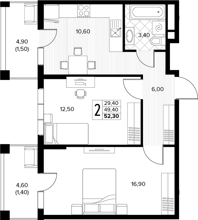 2-комн., 49.4 м², 4/6 этаж, ЖК «Кипарис»