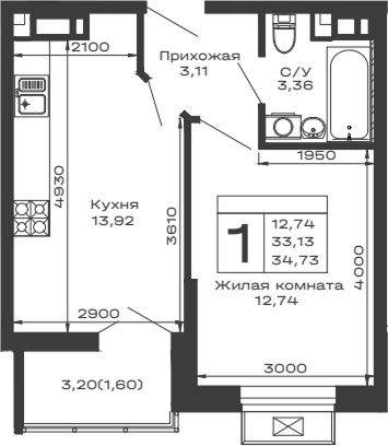 1-комн., 33.13 м², 10/16 этаж, ЖК «Долина»