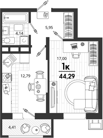 1-комн., 39.88 м², 3/18 этаж, ЖК «Родные Просторы»