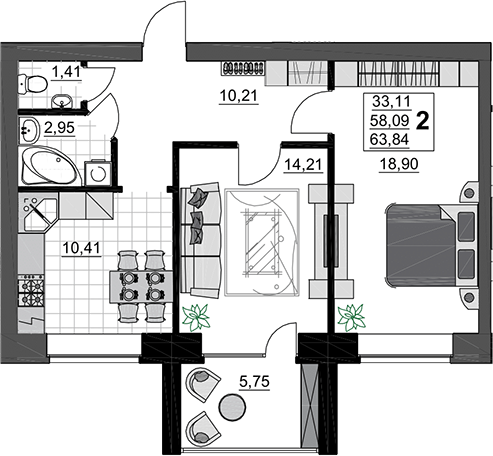 2-комн., 58.09 м², 5/5 этаж, ЖК «Символ. СЗ Тихорецкгазстрой»