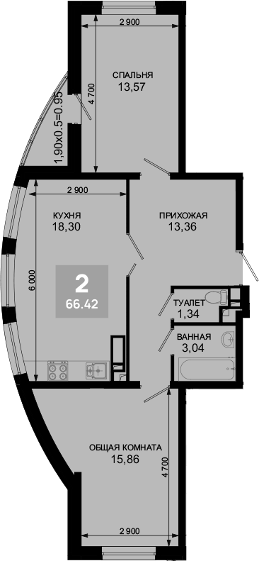 3-комн., 65.47 м², 2/19 этаж, ЖК «Лучший»