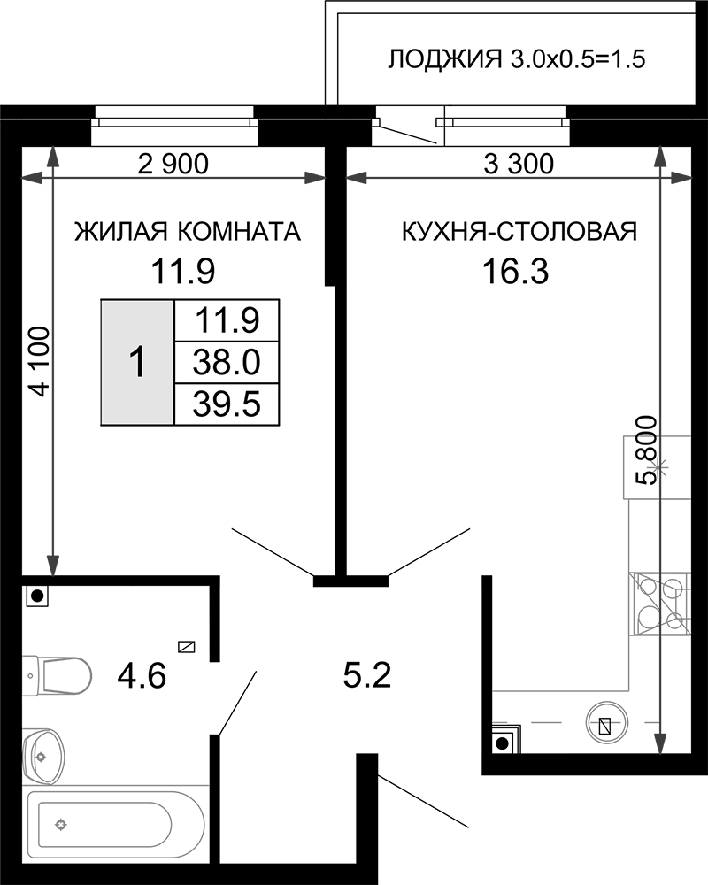 1-комн., 38 м², 2/16 этаж, ЖК «Дыхание»