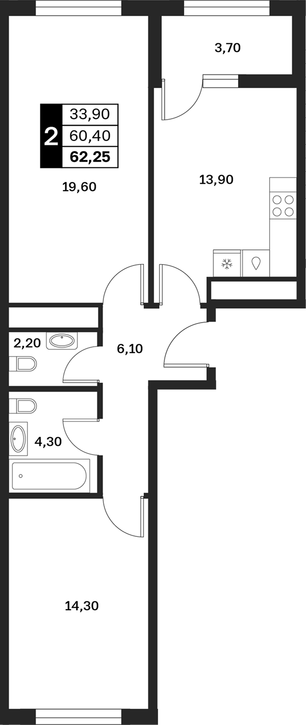 2-комн., 60.4 м², 1/9 этаж, ЖК «Аксис Патриот»
