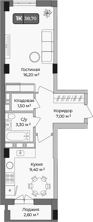 1-комн., 37.4 м², 7/9 этаж, ЖК «Опера»