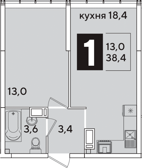 2-комн., 38.4 м², 15/16 этаж, ЖК «Самолет»