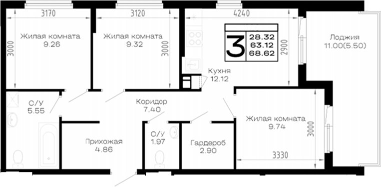 3-комн., 63.12 м², 3/4 этаж, ЖК «Усадьба Гостагаевская»
