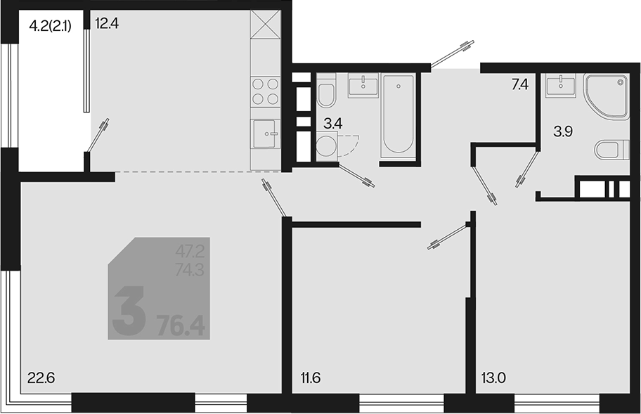 3-комн., 74.3 м², 18/18 этаж, ЖК «Первое место»