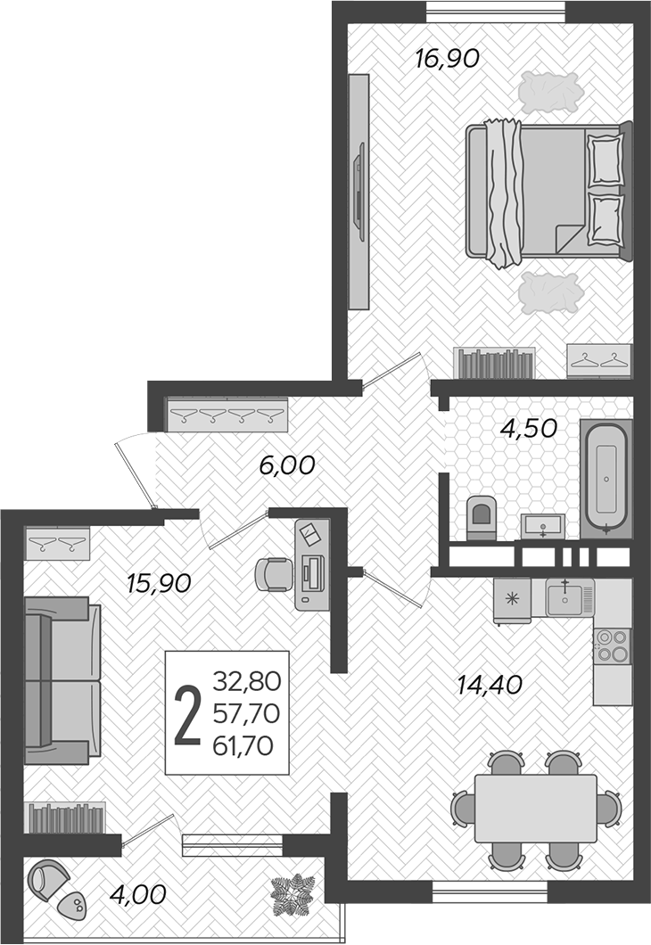 2-комн., 57.7 м², 8/10 этаж, ЖК «Горный квартал»