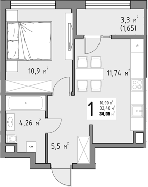 1-комн., 32.4 м², 8/15 этаж, ЖК «Коллекция»