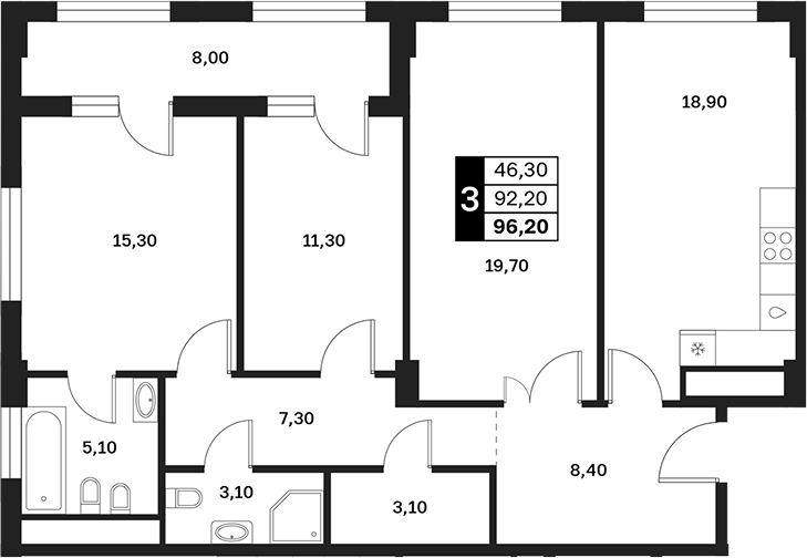 3-комн., 92.2 м², 11/15 этаж, ЖК «Аксис Патриот»