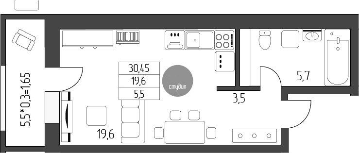 Студия, 28.8 м², 4/5 этаж, ЖК «Лермонтов»